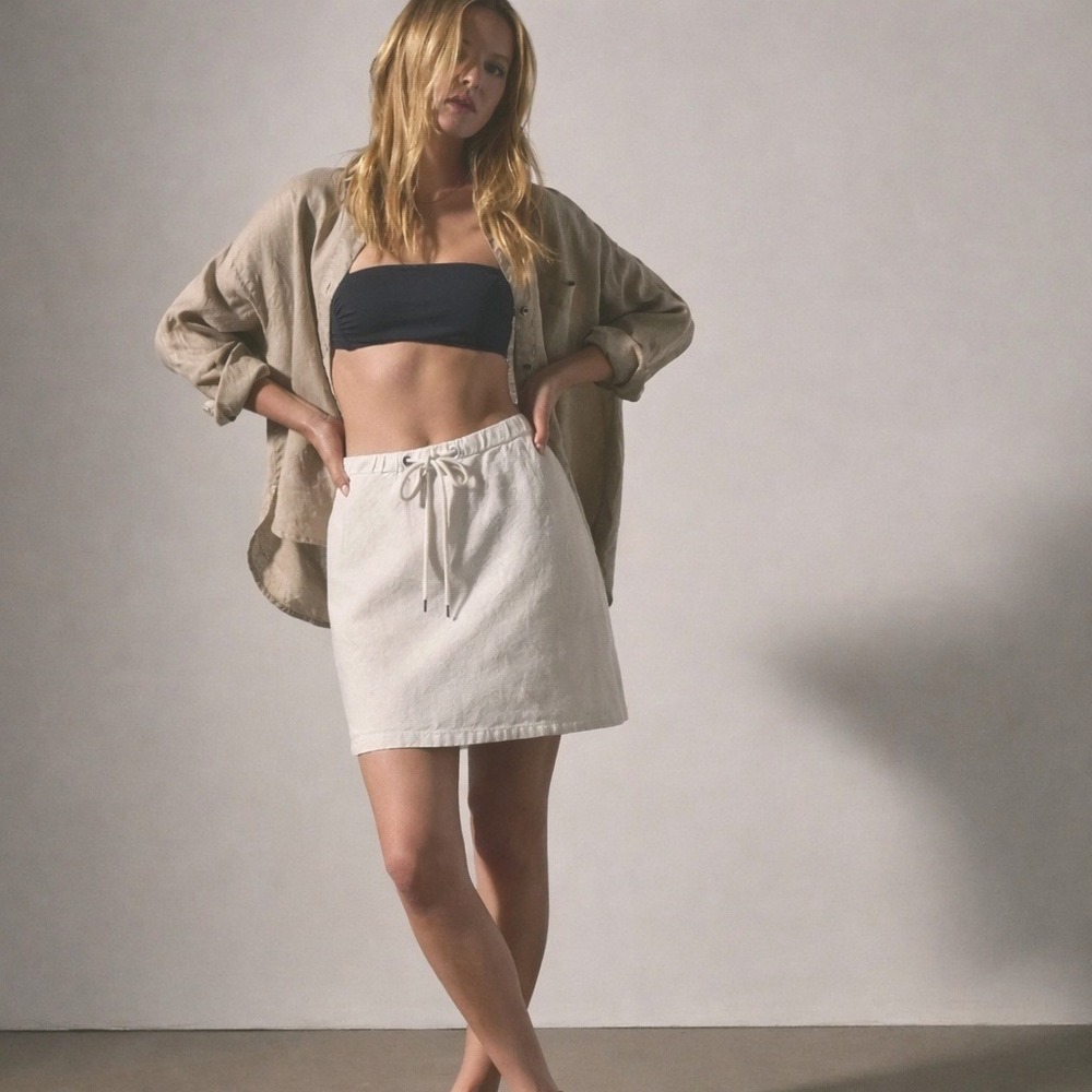 Woolrich Linen Blend A-Line Mini Skirt Beige Khaki Drawstring Pocket Size 12